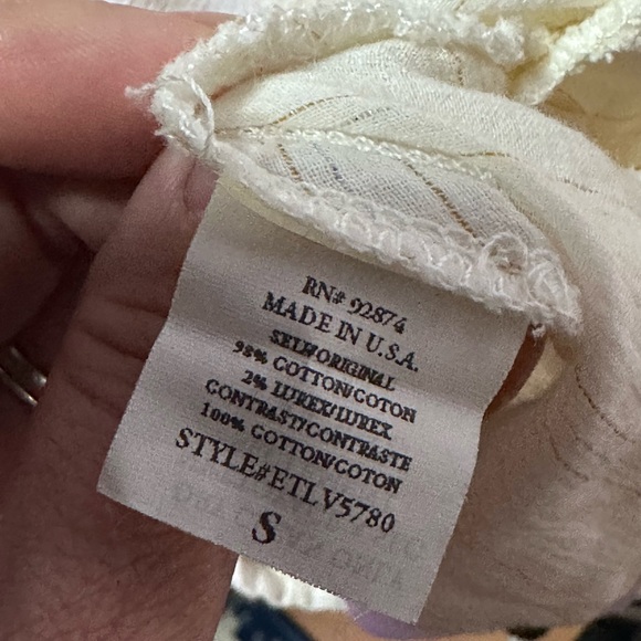 Ella Moss Ivory & Metallic Gold Pinstripe V-Neck Short Sleeve Tie Waist Blouse S - Picture 9 of 9